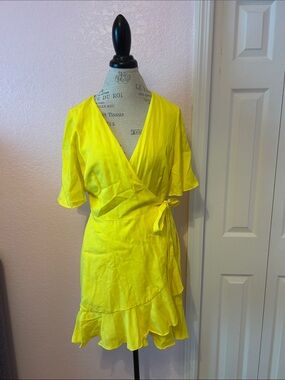 Gianni Bini Neon Yellow Wrap Ruffle Mini Dress